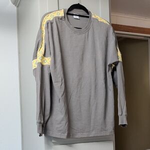 Urban Outfitters Gray Long-Sleeve Crewneck with Yellow Patterned Shoulder Trim